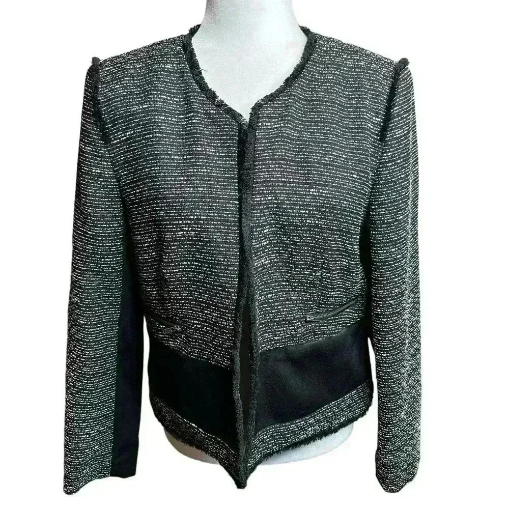 Halogen Boucle Tweed Mixed Media Fringe Edge Blazer Jacket Large
